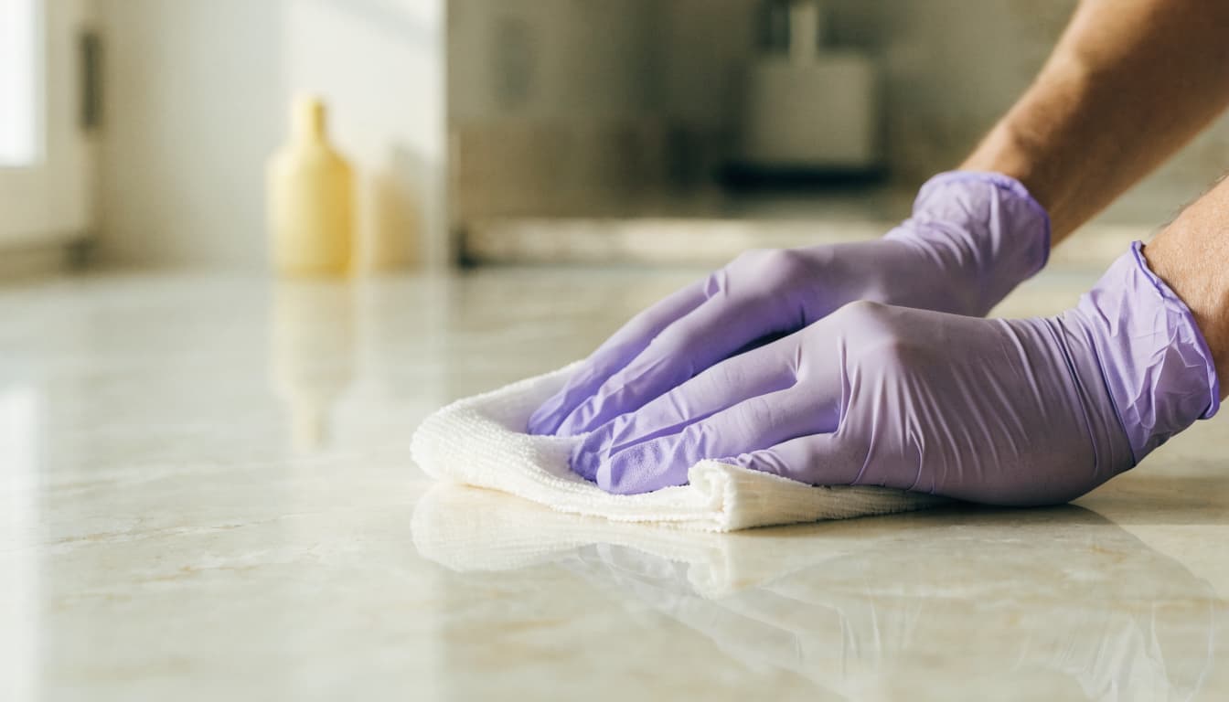 Hands wiping a kitchen counter with a microfiber cloth